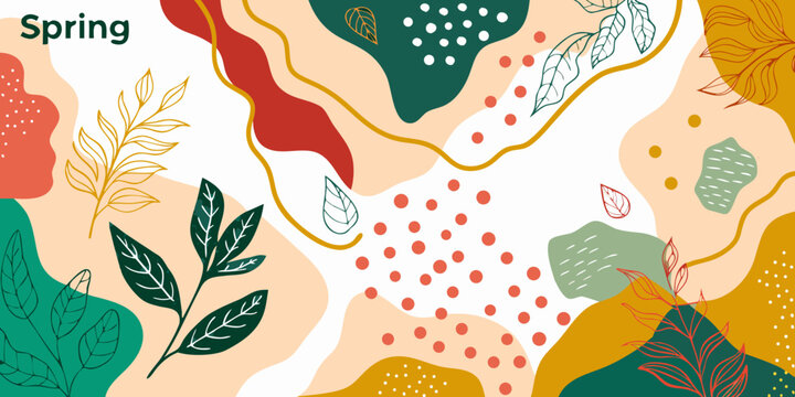 Abstract spring botanical illustration with colorful shapes and leaf details