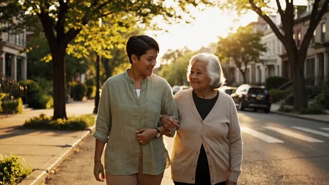 Asian women walking arm-in-arm at sunset on city street