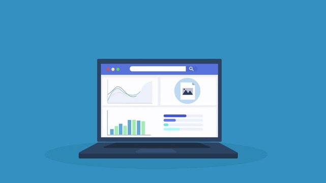 Animated laptop displaying performance dashboard interface with charts and speedometer icon, representing system optimization, analytics monitoring, and digital performance tracking.

