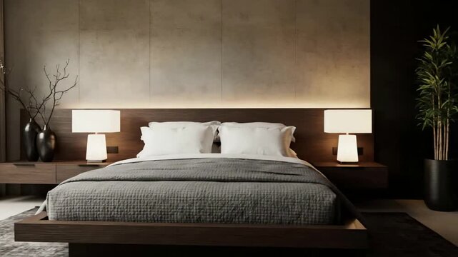 Modern minimalist bedroom with dark wood furniture and gray bedding.