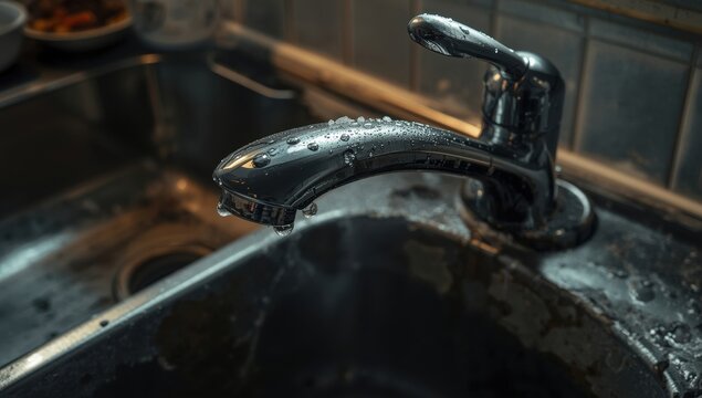 Zoomed-in view of a filthy kitchen sink