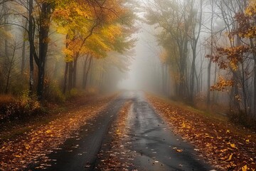 Obraz premium Wet asphalt road with colorful autumn leaves disappearing into the fog in a forest