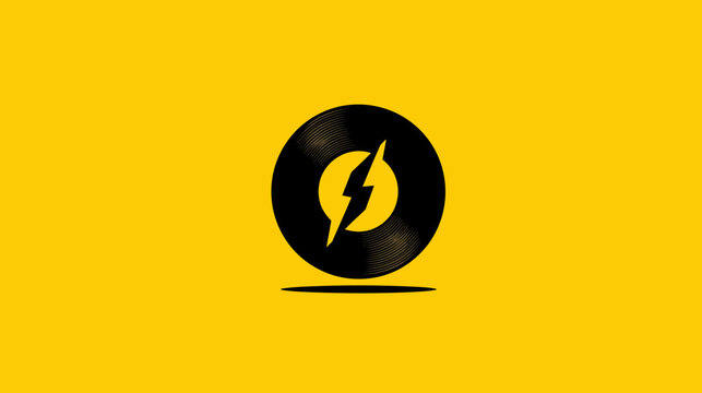 A black vinyl record with a yellow lightning bolt, and a shadow over a solid yellow background