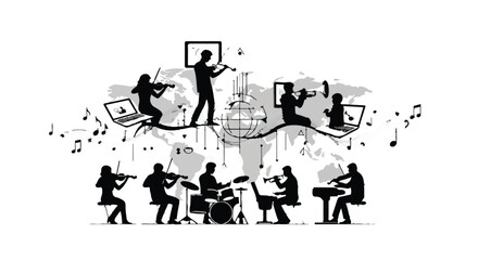 Obraz premium Musician band silhouettes playing instruments with creative inspiration flowing from connected devices and screens in modern artistic scene
