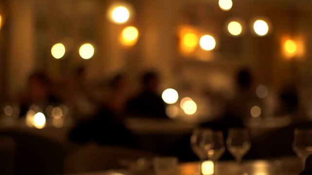 Blurred ambiance of a fine dining restaurant with warm lighting and soft bokeh effects. Ideal for showcasing romantic dinners and upscale dining experiences