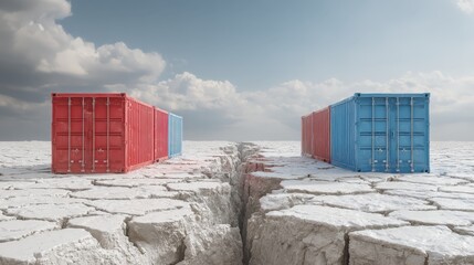Naklejka premium Two groups of intermodal shipping containers face each other across a deep, dry chasm