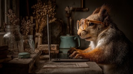 Intelligent rodent wearing spectacles works intently upon a portable computer in a dimly lit setting