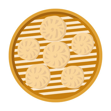 Traditional Chinese Dim Sum Dumplings in Bamboo Steamer Basket