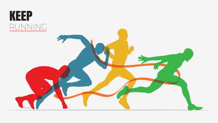 man running silhouette, Runner athlete of sprinters in various running phases, from start to finish, depicted in vibrant colors. Motivational theme. Ideal for sports posters or marathon event © hasan