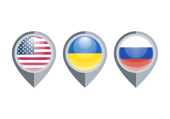 Obraz premium USA, Ukraine and Russia flag map pins isolated on white background. Glossy location marker icons for geopolitics, travel, navigation, and international news design.