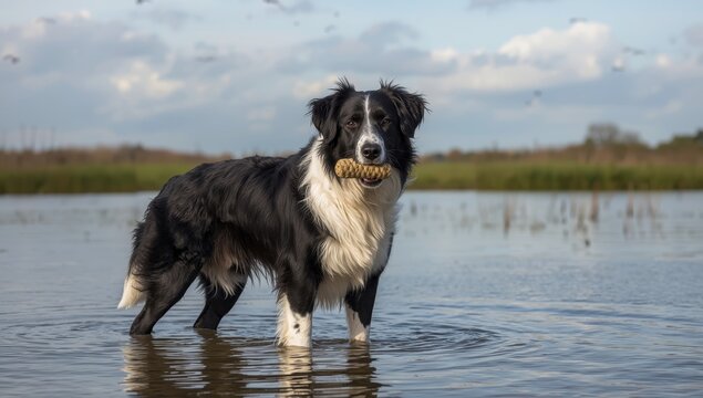 Dutch Stabyhoun breed, black and white hunting dog, posing with a toy in Zeeland's water