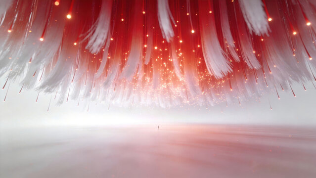 Red Gradient Light Trail Abstract Background with Glow, Ray Tracing and Panoramic Depth