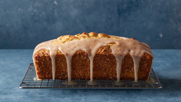 Pound cake with lemon and poppy seed, glazed on a wire rack against a blue stone backdrop