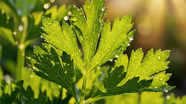 Fresh green leaves with dew drops in the morning sunlight.