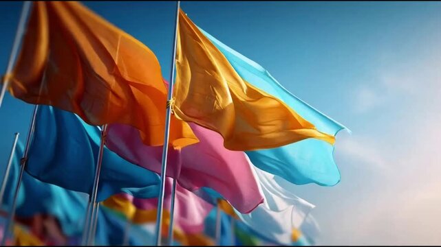 Vibrant colorful flags waving in the wind under a bright sky, symbolizing diversity, cultural harmony, and powerful unity working together towards a common successful goal.