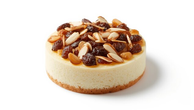 Sponge cake with raisins and almond slices or Japanese cheese cake, castella on a white background with a clipping path