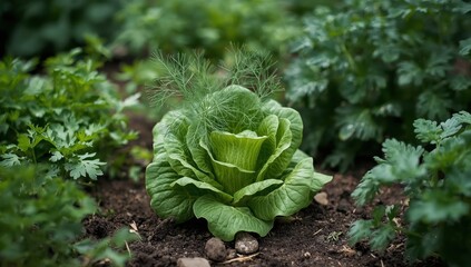 Naklejka premium Fresh young lettuce with aromatic dill in an eco-friendly home garden. Sustainable vegetable space. Organic lactuca sativa. Annual green plant from the daisy family, asteraceae