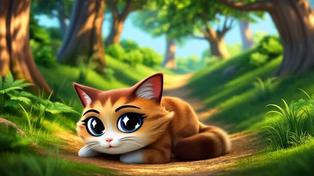 Playful animated cat exploring a vibrant forest path. Represents curiosity and the joy of adventure in nature