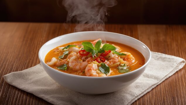 Seafood shrimp soup. Spicy Thai prawn soup served in a dish. Coconut milk shrimp curry