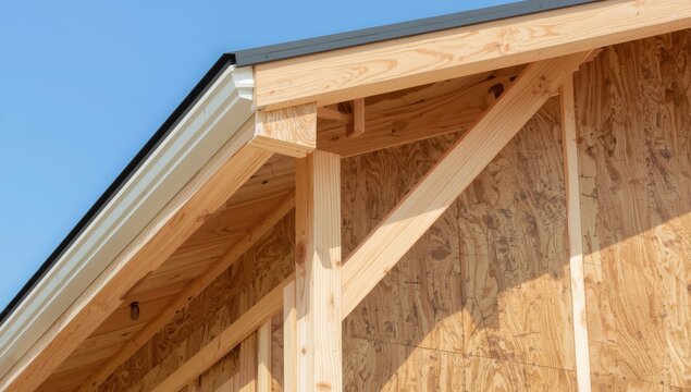 Roof corner design detail featuring engineered wood joists and LVL headers with OSB and chipboard wall sheathing