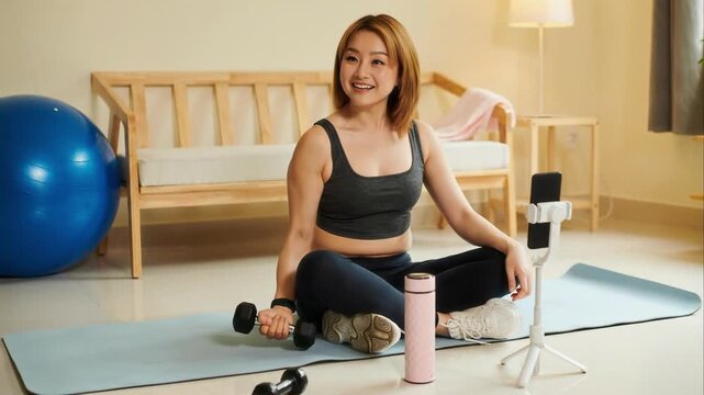 Full shot of confident young Asian female blogger in sportswear exercising with dumbbell while sitting on mat at home and recording online training on smartphone camera on monopod