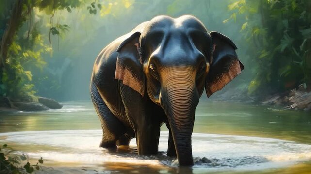 A majestic elephant stands in a river, surrounded by lush, green vegetation. The sunlight streams