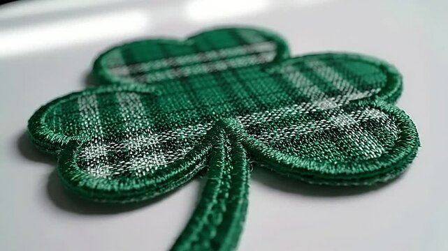 Green shamrock patch with plaid pattern on white background.