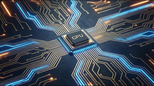 High tech central processing unit chip circuit board with glowing traces and modern electronic chipset motherboard semiconductor processor technology