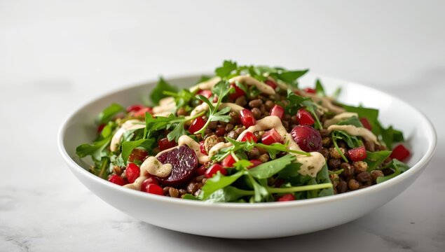 Vegan salad idea: Puy lentils, roasted beets, arugula, parsley, pomegranate, and tahini-honey lemon dressing