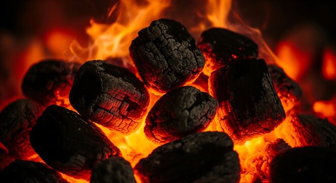 Intense close-up of hot, glowing charcoal pieces surrounded by bright orange and red flames, signifying heat, cooking readiness, and energy combustion.