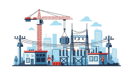 Obraz premium Electrical Substation Construction: Crane Installing Transformer into Power Grid Infrastructure