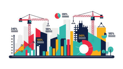 Obraz premium Construction Industry Growth Infographic. Urban Development, Real Estate Data Analysis, and Financial Progress Visualization.