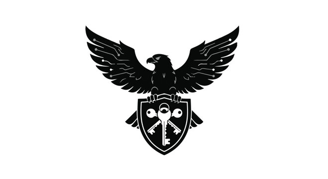Black eagle with wings spread and shield featuring skull and crossbones symbol on white background, representing power and danger