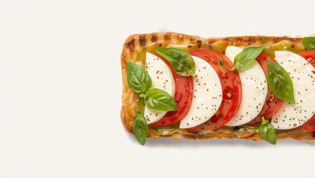 Top-down view of grilled toast topped with mozzarella, basil, and fresh tomatoes; space for text