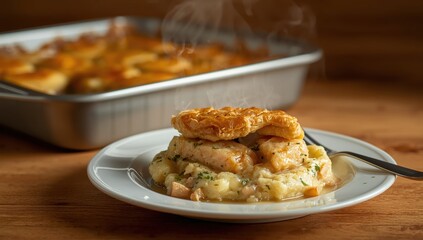 Traditional British fish pie with mashed potatoes, served on a plate with a baking tray in the background