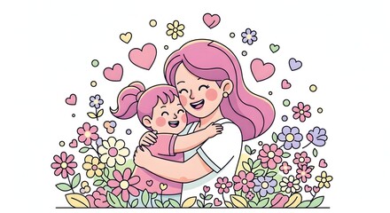 Obraz premium Mother and daughter hugging surrounded by colorful flowers and hearts