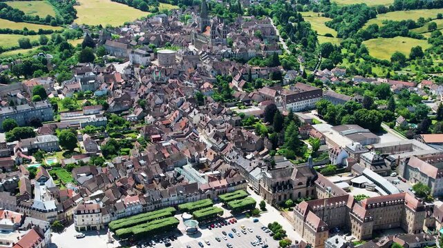 An Aerial panoramic view of the old town of the city Autun on a sunny summer noon in France.
