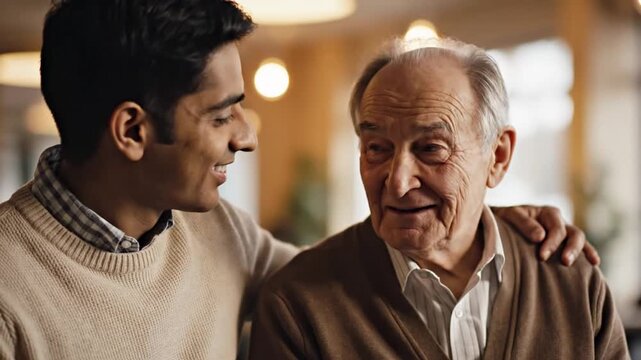 Young man comforting elderly male with hand on his shoulder