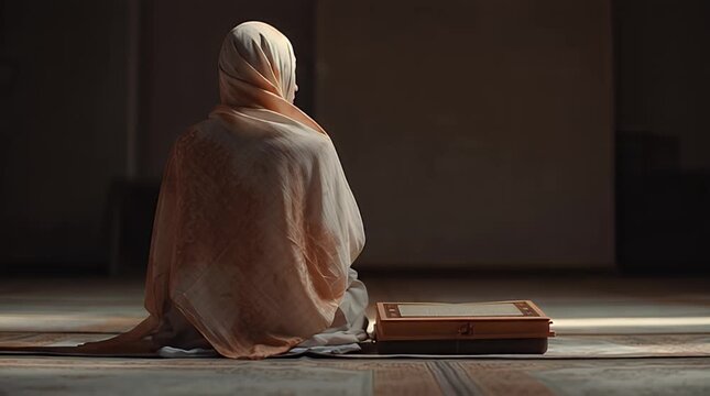 Woman Praying on Prayer Mat in Mosque.
