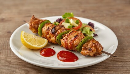 Tasty chicken kebabs with peppers, lemon, salad, and ketchup served on a plate. Healthy eating idea
