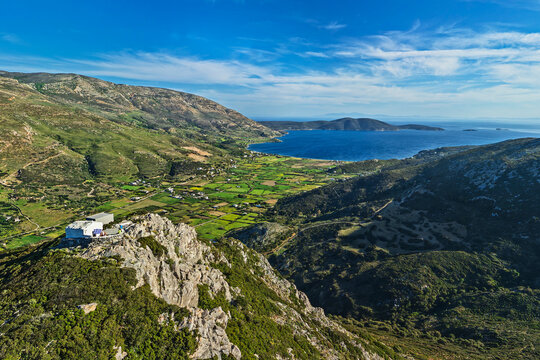 Aerial view of chapel of prophet Elias on mountain overlooking Skyros coast