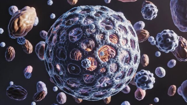 Abstract microscopic view of colorful biological cells and organic particles floating