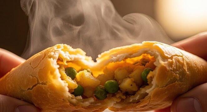 Close up of golden brown savory pastry stuffed with spiced potatoes and green peas releasing steam in warm lighting