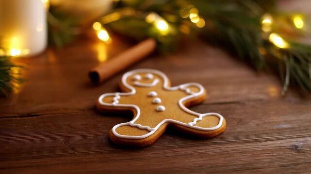 Gingerbread man cookie on a rustic wooden table surrounded by festive decorations. A symbol of holiday cheer and seasonal baking traditions