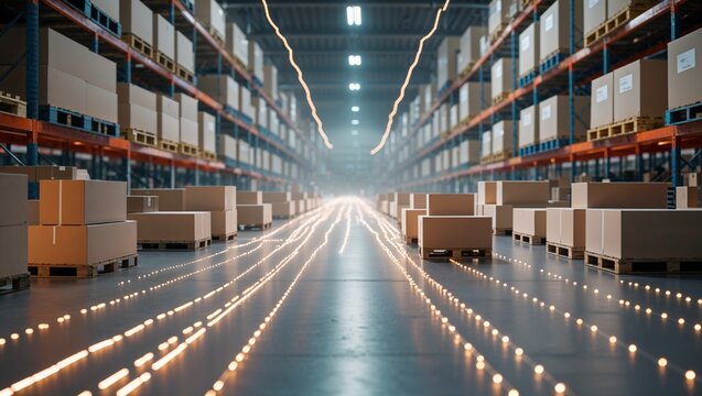 Warehouse pallets and cartons with glowing route lines for picking optimization and logistics efficiency concept