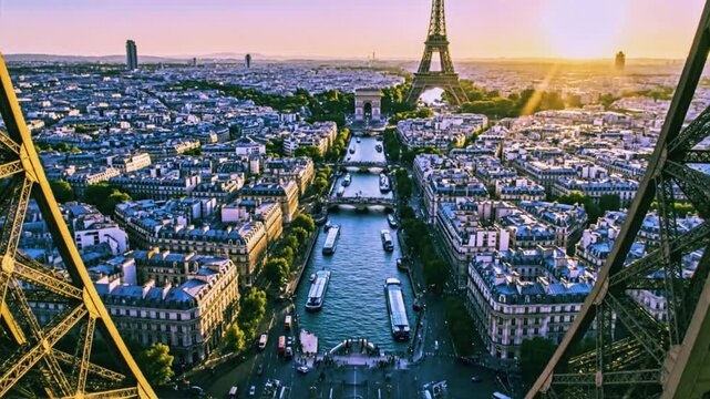 The Seine framed by the iconic ironwork of the Eiffel Tower at sunset.