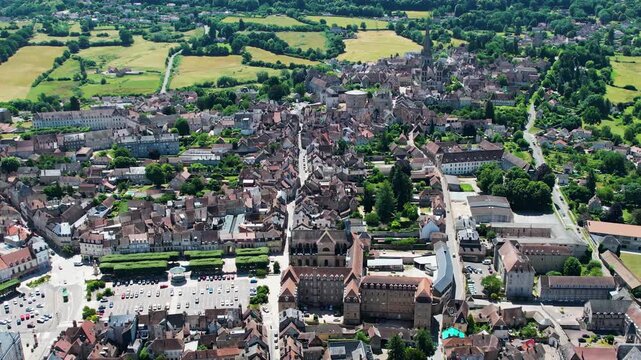 An Aerial panoramic view of the old town of the city Autun on a sunny summer noon in France.