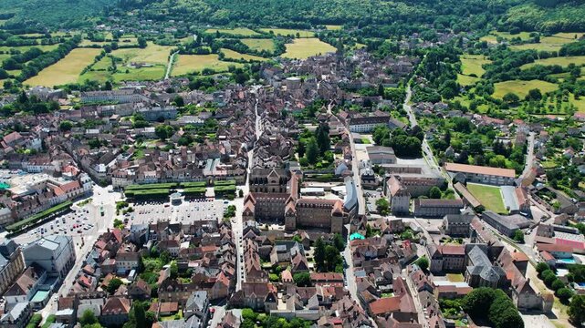 An Aerial panoramic view of the old town of the city Autun on a sunny summer noon in France.