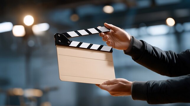 A hand is holding a clapper board during a rehearsal, underlining the meticulous planning and rehearsals integral to achieving an engaging final product in the realm of film. cinematic color