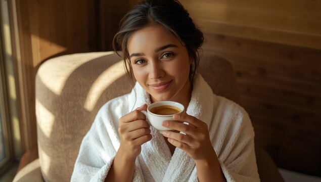 Young woman in a white robe enjoying espresso in a wooden hotel room. Morning pleasure